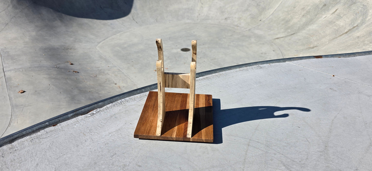The Pinch – Skateboard & Longboard Stand, Spalted Hackberry & White Oak