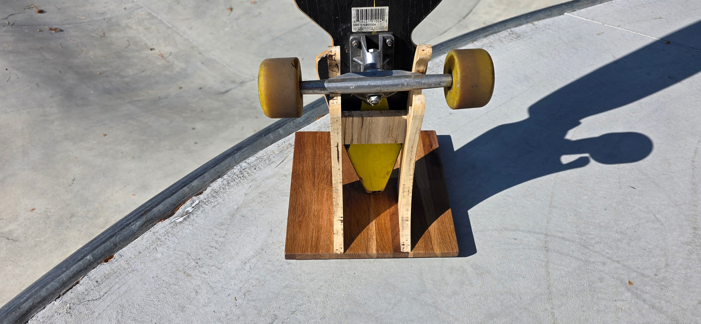 The Pinch – Skateboard & Longboard Stand, Spalted Hackberry & White Oak