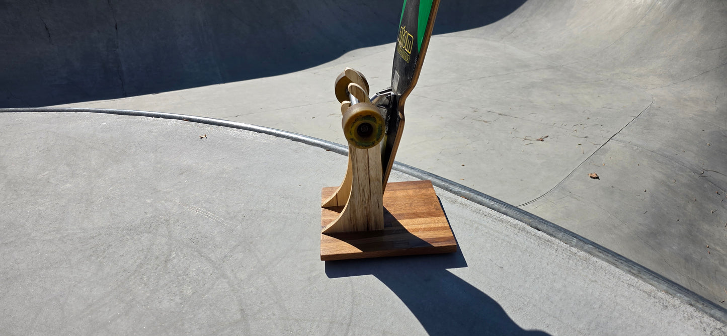 The Pinch – Skateboard & Longboard Stand, Spalted Hackberry & White Oak